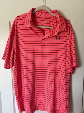 Under Armour Men’s Coral Pink Polo with Black Stripes